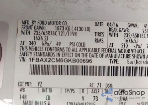 2016 Ford Transit-350 Xlt from USA, damaged, VIN 1FBAX2CM6GKB00696